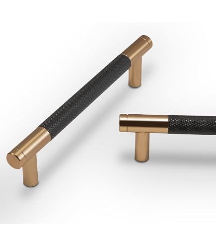 10 Pack Bar Cabinet Handles | Brushed Satin Gold & Matte Black T-Pull | 6.3" Hole Center, 7.64" Length - View #10