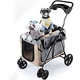 Pandaloli ペットカート 犬 バギー ベビーカー:中型犬 小型犬 猫 多頭 カート 4輪 軽量コンパクト 耐荷重25Kg 前輪360°回転 後輪ブレーキ付き 飛び出し防止リード2本付き 折りたたみ 組み立て簡単 ベージュ色