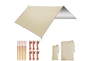 VIOQXI タープ 防水 キャンプタープ 日除け 遮熱 遮光 3000mm耐水圧 3*3M 210D高密度生地 UPF50+ UVカット サンシェルター 天幕 タープテント 6つペグ 6つテントロープ 収納袋付 運動会/ピクニック/アウトドア カーキ色