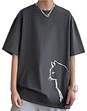 [Prinior] Tシャツ メンズ 半袖 夏服 グレー 丸襟 綿 猫のプリント 定番 カジュアル 冷感 速乾性 ゆったり かっこいい 春 夏 秋 大きいサイズ 普段着 コーデやすい 柔らかい肌触り シンプル 爽やか Gray-3XL