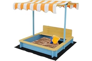 OAFNLWU 木製 サンドボックス 木製砂場 子供用 サンド プレイ 背もたれ付きストライプ屋根 日よけ付き 高さ調節可能 防水シート付 子供の遊び場 砂遊び キッズ 子ども用 庭用 保育園 屋外遊具 組立式 大型 兄弟で遊べる 広め イエロー・ブルー