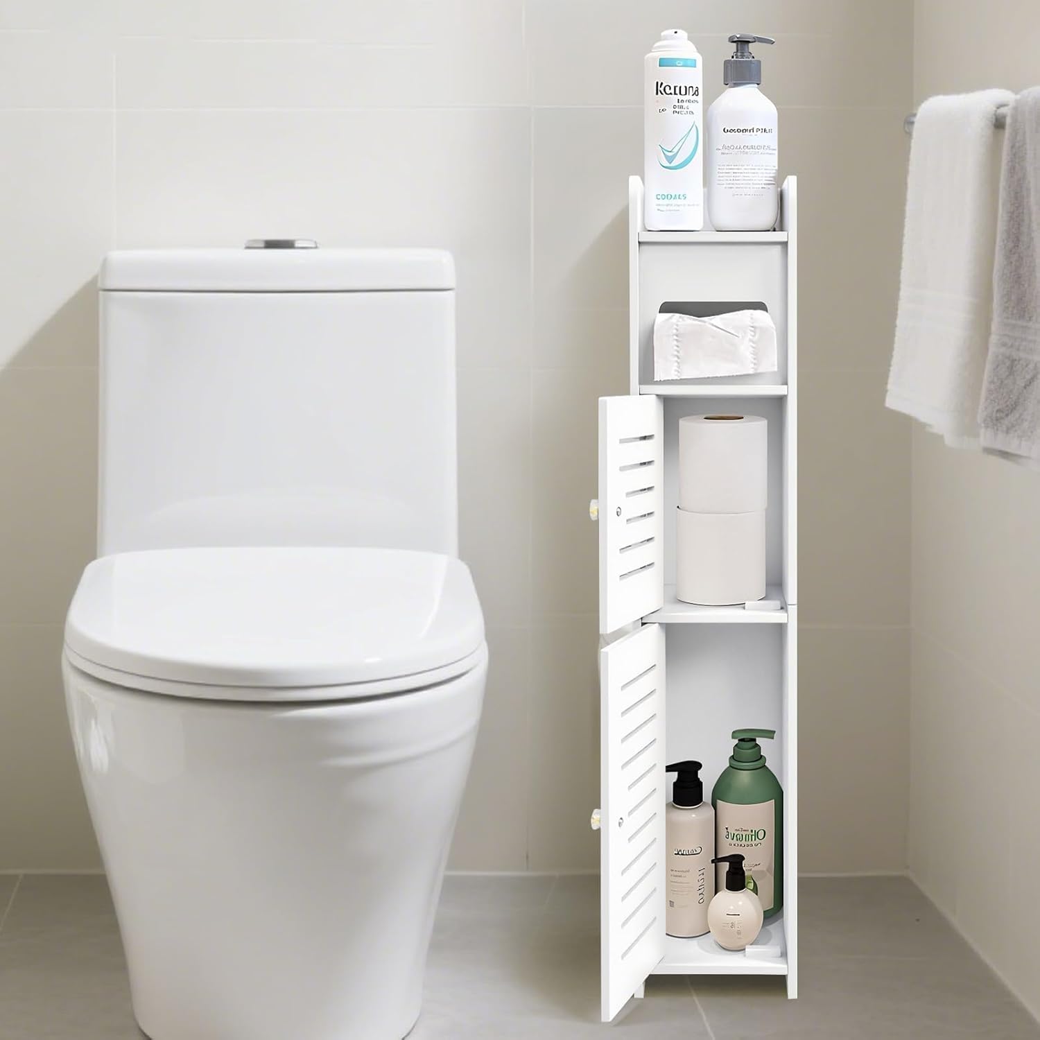 [BYAREI] トイレ 収納 スリム 15cm 幅 トイレラック 【安定性向上・防水PVC製】 隙間収納 おしゃれ トイレットペーパー ストッカー コーナーラック 掃除用具 サニタリー 収納 サニタリーボックス 組立簡単 省スペース 15 15 80cm ホワイト