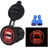 BlueFire USBカーチャージャー 2.1A急速充電 2.1A電源ライン 配線取り付ける物 2USBポート 車/オートバイ改造に対応（赤）