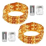 CUH 2個セットledイルミネーションライト 電池式 LED ライト8パターン リモコン付き 銅線 ワイヤーライト アウトドア 室内 室外(電球色)