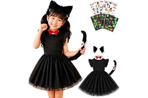 [Elovra] ハロウィン コスプレ 子供 黒猫 5点セット 仮装 キッズ 90~130cm 女の子 男の子 兼用 ワンピース | ワンピ＋カチューシャ＋しっぽ＋大きな赤いボータイ＋光るシール10枚の5点セット。ポリエステル製で伸縮性あり、背中ファ