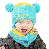 Meihuku ベビー 帽子 赤ちゃん ニット帽子 子供 かわいい ポンポンニット帽子 ネックウォーマー 3-36ヶ月 冬 防寒 (ブルー)