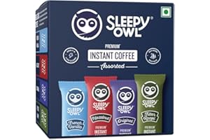 Sleepy Owl Premium Instant Coffee Sachets | 96g Pack of 48 Assorted Flavours | 2g Each - Original, French Vanilla, Hazelnut, 