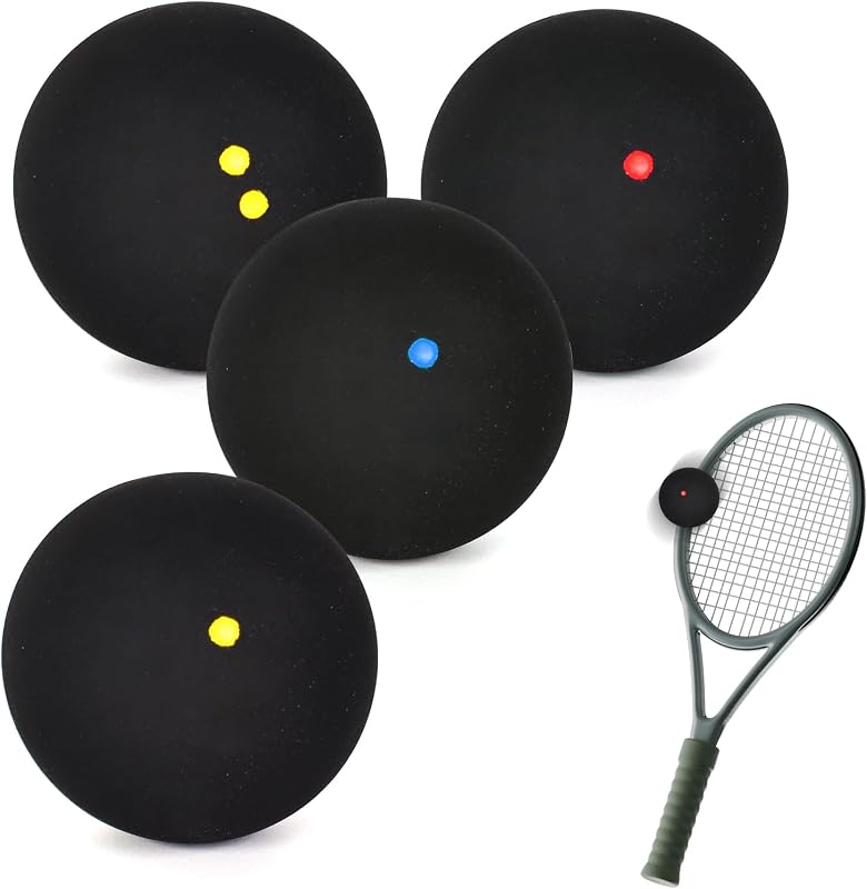 4個セットレーニング用 スカッシュボール スカッシュボール 初心者向けスカッシュボール スポーツスカッシュボール、ダブルイエロードット、シングルイエロードット、シングルレッドドット、シングルブルードット、初心者、競技、トレーニング用の高反発スカッシュボール
