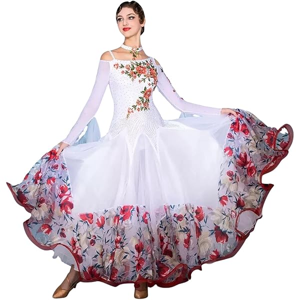 LNIGHT]社交ダンスドレス モダンダンス衣装 ドレス 花柄 首飾り