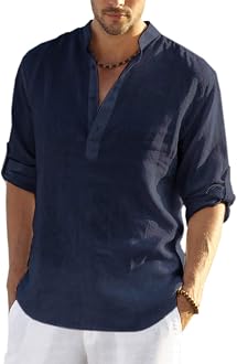 Cotton Linen Henley Shirt Long Sleeve 