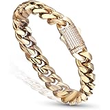 Luxfine 12mm Miami Cuban Link Bracelet 14K Real Gold Plated Hypoallergenic Premium Stainless Steel Hip Hop Jewelry for Men Wo