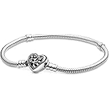 PANDORA Moments Family Tree Heart Clasp Snake Chain Bracelet, Clear CZ 925 Sterling Silver Charm Bracelet