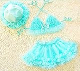 ベビービキニ 水着 3点セット 70 (サックスブルー) スイムウェア かわいい 乳児 幼児 ビキニ 女の子 ベビー キッズ フリル リボン チュール フラワービキニ 水色