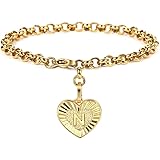 Hermah Gold Plated Initial Letter Charm A-Z Alphabet Heart Love Stainless Steel Rolo Link Chain Bracelet for Women Girls Leng