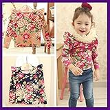 即納(韓国スタイル子供服) 子供服　女の子Ｔシャツ　キッズトップス　可愛い花柄長袖Ｔシャツ丸襟フリル肩全２色100cm 110cm 120cm 130cm 140cm orange,120
