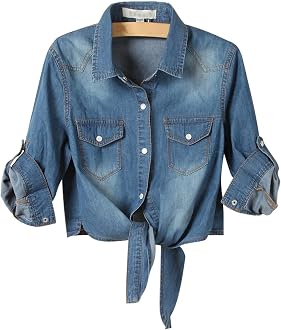 Omoone Women's 3/4 Sleeve Denim Crop 