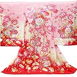 【お宮参り着物】【ピンク地に赤系 雪輪に花球（薬球）の柄】女の子 友禅 刺繍 正絹【風呂敷プレゼント / ギフト対応】
