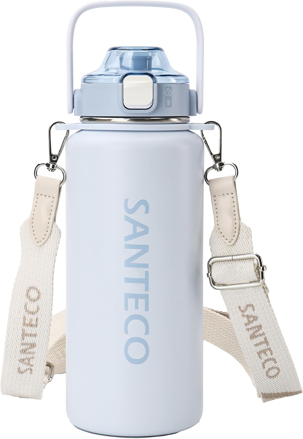 SANTECO 水筒 真空断熱スポーツボトル 1.2L 取りはずしでき肩に 保冷 保温 魔法瓶 ストロー付き 直飲み スポーツドリンク対応 おしゃれ 広口 (クラウドブルー)