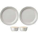 ル・クルーゼ(Le Creuset) ラウンド・プレート セット ホワイトラスター 皿19cm ラムカン 4点セット 耐熱 耐冷 電子レンジ オーブン 食洗器 対応 結婚祝い 記念日 ブライダル ギフト プレゼント 引出物 オーブン皿 耐熱皿 【日本