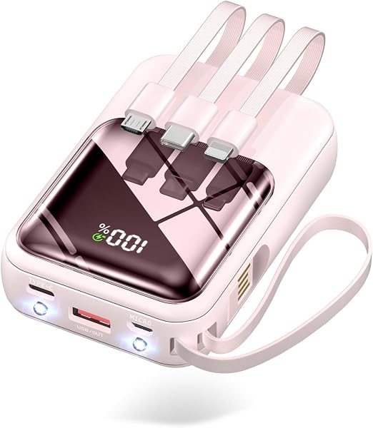 【Amazon.co.jp限定】 モバイルバッテリー 小型 軽量 23600mAh大容量 22.5W/PD18W 4本ケーブル内蔵 203g 手のひらサイズ 持ち運び便利 急速充電 スマホ充電器 5台同時充電 3WAY蓄電Type-C入出力兼用 低電流対応 LEDランプ搭載 コンパクトで機内持ち込み可 旅行/出張/アウトドア/停電/防災緊急用 全機種対応 (ピンク) - 1