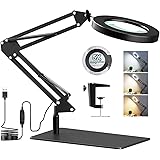 Magnifying Glass with Light and Stand, 5X Magnifying Desk Lamp with Base & Clamp, 3 Color Modes, Adjustable Brightness, Magni