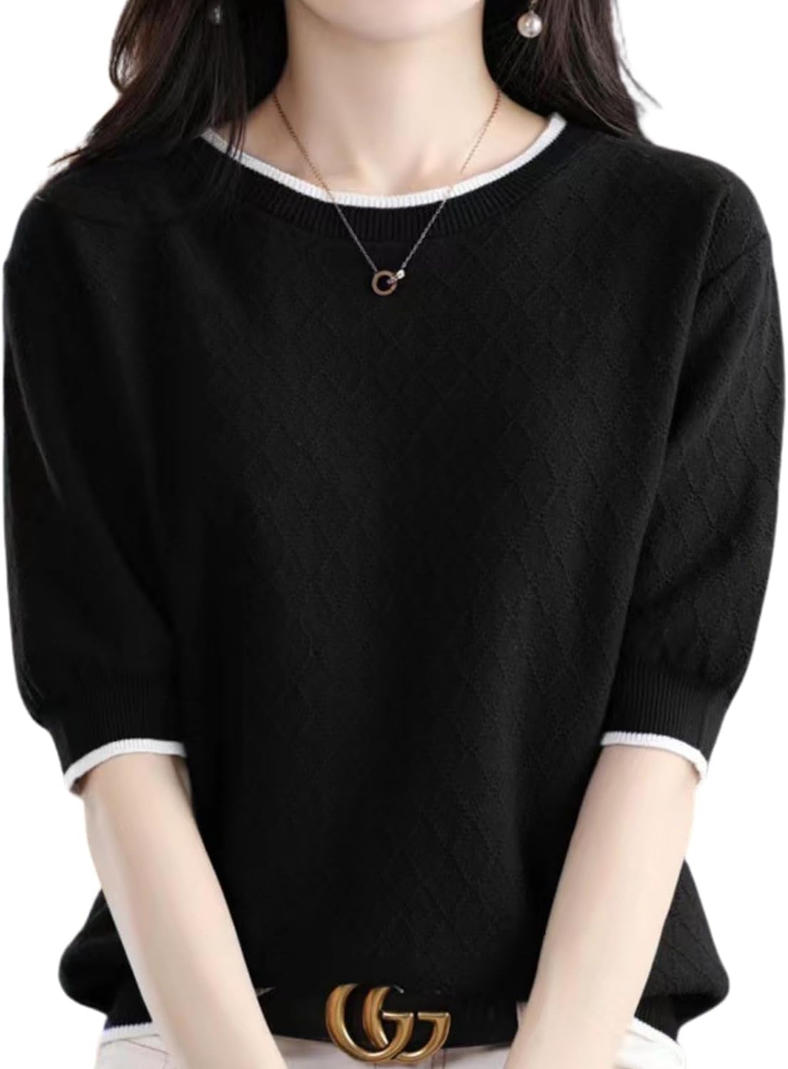 [Elixio] [エリクシオ] 半袖ニット レディース 綿100 薄手 サマーニット ニットTシャツ ダイヤ柄 涼しい 体型カバー 二の腕カバー 細見え 上品 きれいめ オフィス 通勤 春 夏