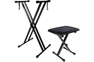 Sulishang Piano Keyboard Stand & Piano Bench Set, Adjustable Portable Piano Set, Heavy Duty X-shaped Premium Piano Stand Have Locking Chain for 61-Key and 88-Key Keyboard (95CM Keyboard Stand)