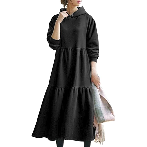 フード付きブラックひざ丈ワンピース フード付きブラックひざ丈ワンピース