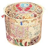 Stylo文化Indian Vintage Poufオットマンスツール足カバーラウンドパッチワーク刺繍Pouffe Ottomanカバーベージュコットンフローラル従来家具Footstool Seatパ