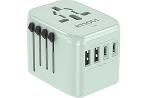 RXSQUL Universal International Power Travel Plug Adapter, 5 in 1 European Travel Plug Adapter W/ 3.5A 2xUSB-A and 2xUSB C Wall Charger and Worldwide AC Outlet for Europe USA Japan UK AUS Asia-Green