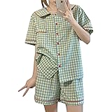 [BEIBANG] パジャマ レディース 半袖 ルームウェア 上下セット 前開き チェック柄 部屋着 ショートパンツ 短パン ホームウェア 夏 寝間着 かわいい