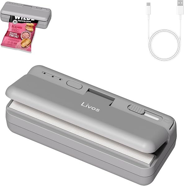 Livos ヒートシーラー ハンディ 家庭用 小型 軽量 カッター付き 携帯式磁石シーラー 1300mAh Type-C充電 三段階温度調整 食品保存 幅10cm 抗酸化機能 予熱不要 操作簡単 日本語取扱説明書付き - 1