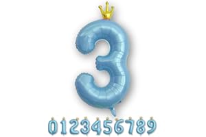 La Kissa バルーン 数字 バースデー 誕生日 飾り付け 風船 王冠付き クラウン 40インチ 大きい ストロー付 ナンバーバルーン 約90cm 記念日(王冠ブルー,３)