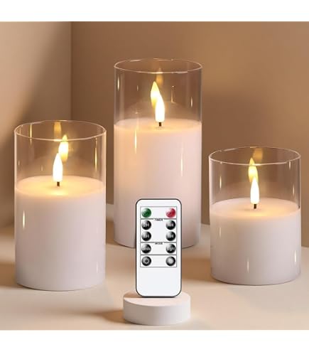 Amagic Clear Glass Flameless Candles – Set Of 3, Battery Operated With Remote & Timer, Pure White Wax, Realistic Flicker