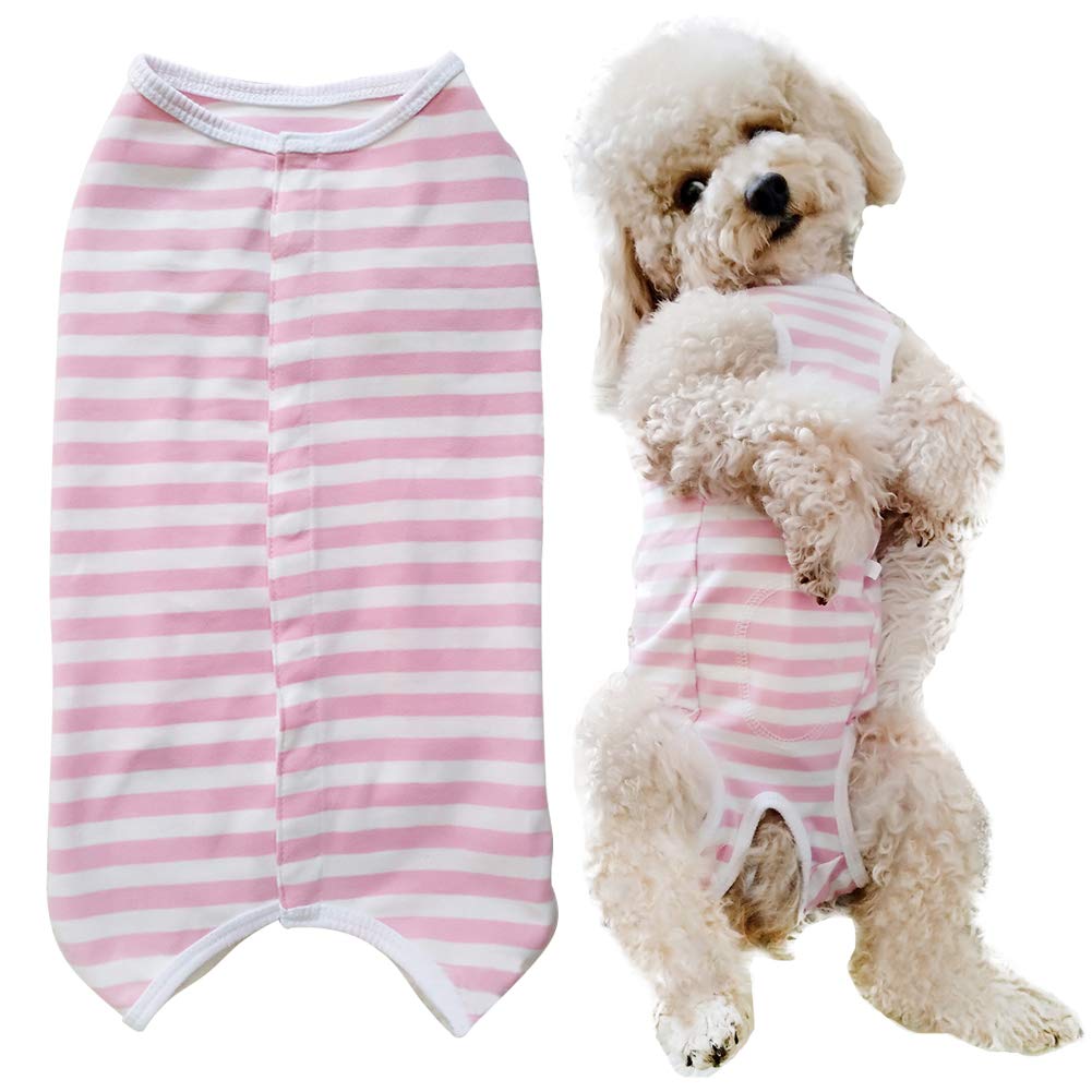 KUVEELA PET 術後服 犬 服 犬用品 術後ウェア 術後カバー服 エリザベスカラーの代わる 保護服 雄 雌兼用 避妊 離乳 傷口保護 皮膚病 通気 夏用 小型犬 中型犬(M、ピンクボーダー) - 1