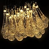 LED Concepts® Solar LED Raindrop Style String Lights -30 LED Crystal Water Drop Lights - 2 Mode Sett