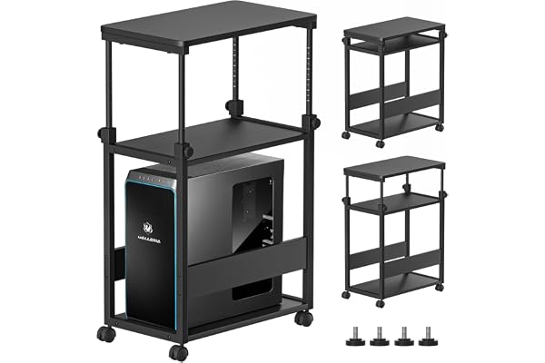 DAIWIN パソコンワゴン pcラック 昇降式 幅35×奥行60×高さ67～95cm パソコンラック cpuワゴン 天板高さ調節可能 キャスター付き pc 棚 デスクワゴン パソコン収納 木製 デスクサイドワゴン棚 複合機ラック オフィス収納 移動便利 在宅勤務 (ブラック)