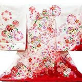【お宮参り着物】【白地に裾赤系 雪輪に鼓 鈴 折鶴の柄】女の子 正絹 友禅 金駒刺繍【風呂敷プレゼント/ギフト対応】