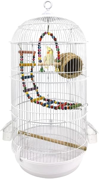 RAKU バードケージ 鳥カゴ 鳥小屋 複数飼い 止まり木 おもちゃ エサ入れ2個 ハンドル付き ホワイト白 省スペース お手入れかんたん (丸いホワイト) - 1