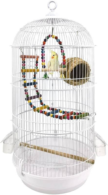 RAKU バードケージ 鳥カゴ 鳥小屋 複数飼い 止まり木 おもちゃ エサ入れ2個 ハンドル付き ホワイト白 省スペース お手入れかんたん (丸いホワイト)