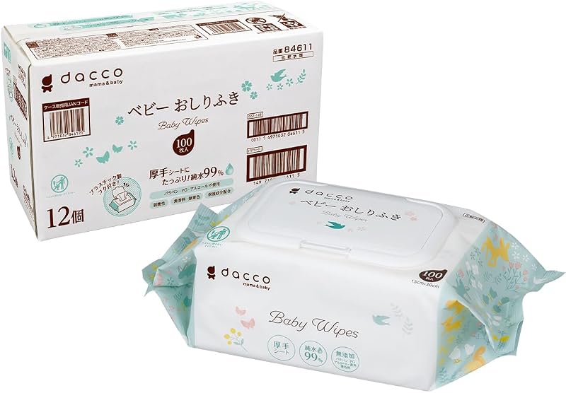 dacco(ダッコ) ベビーおしりふき ふた付 1200枚(100枚入×12個) 大容量 お徳用 厚手シート たっぷり純水99% 84611