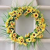 Meiliy Sunflower Daisy Front Door Fall Wreath 13.8 Inches Handcrafted Garland Artificial Flower Home