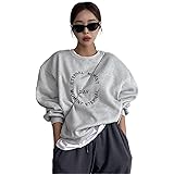 スローガン刺繍ドロップショルダープルオーバー レディーススウェットシャツ、 (Color : Light Grey, Size : XL.)