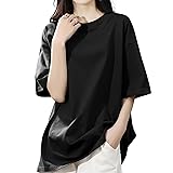 [SLEEPSINERO] tシャツ レディース 半袖 【体型カバー・ゆったり細見え】 シャツ レディーストップス 春 夏 クルーネック 大きいサイズ 吸汗速乾 通気 着痩せ オーバーサイズ レディース夏服 カットソー ロング 5分袖 おしゃれ (XL,ブラック)