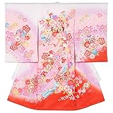 女の子初着 お宮参り着物 ポリエステル 白オレンジ 花車