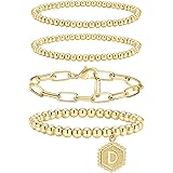 doubgood Gold Beaded Bracelets for Women, Stackable Gold Bracelets for Women Men 14K Real Gold Plated Stretch Bead Ball Brace
