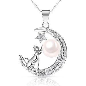ネコ パール ネックレス 淡水真珠 ペンダント シルバー925純銀製 スワロフスキージルコニア 採用 可愛い 星月ネックレス 金属アレルギー対応 結婚式 母の日 バレンタインデー 女性 誕生日 プレゼント