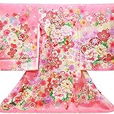 【お宮参り着物】 【ピンク地系 鈴に四季の花柄】 女の子 正絹 友禅 刺繍【風呂敷プレゼント/ギフト対応】