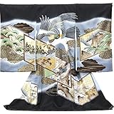 【紋入れ付き】【お宮参り着物】【黒地系 鷹に屏風絵の柄】男の子 友禅 刺繍 正絹【風呂敷プレゼント/ギフト対応】