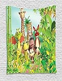 Cartoon Decor Tapestry by Ambesonne Cute Animals Giraffe Tiger Snake Dinosaur Hippo Monkey in Jungle
